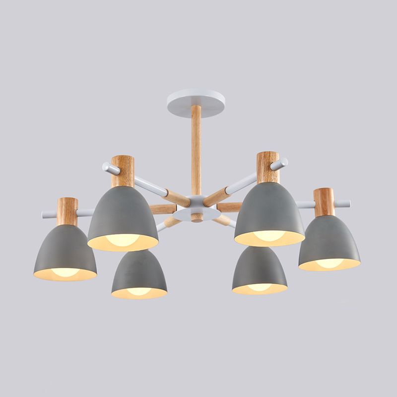 Bell Shaped Living Room Chandelier Metal Macaron Style Ceiling Hang Light with Wood Accents