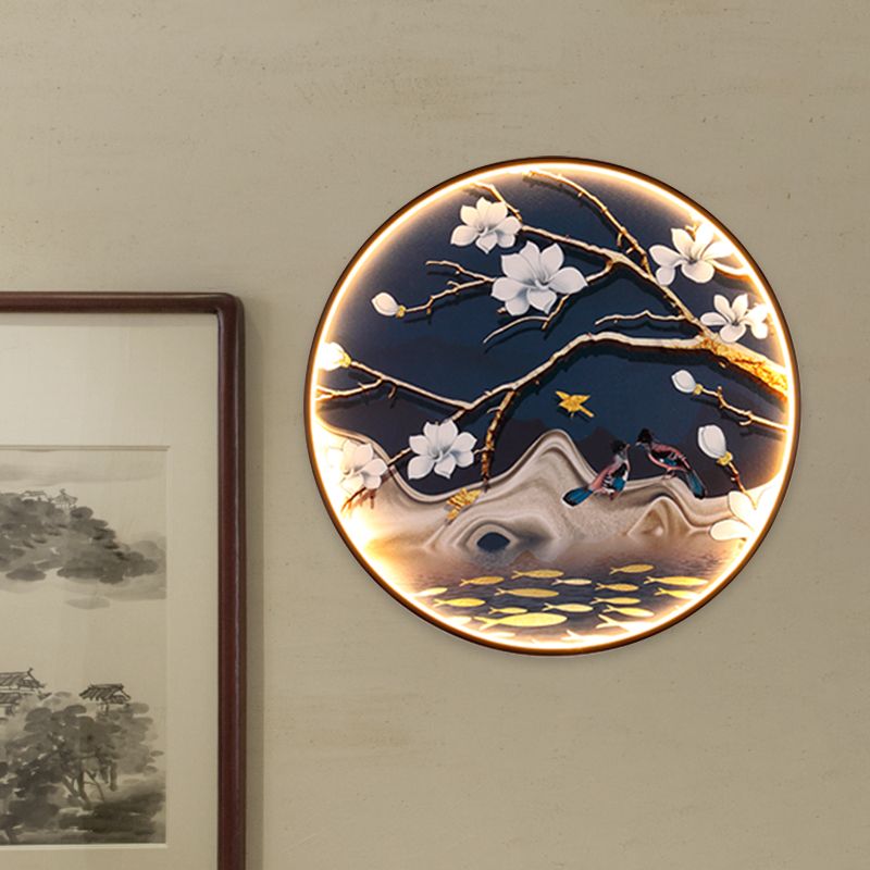 Asian Flower/Bird Fabric Mural Lighting LED Wall Light Fixture in Black for Living Room