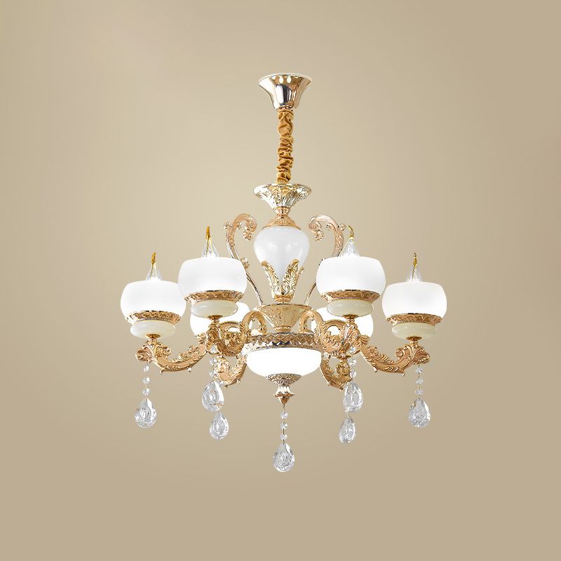 Candle Jade Pendant Chandelier Vintage 6/8-Light Dining Room Hanging Lamp in Gold with Crystal Draping