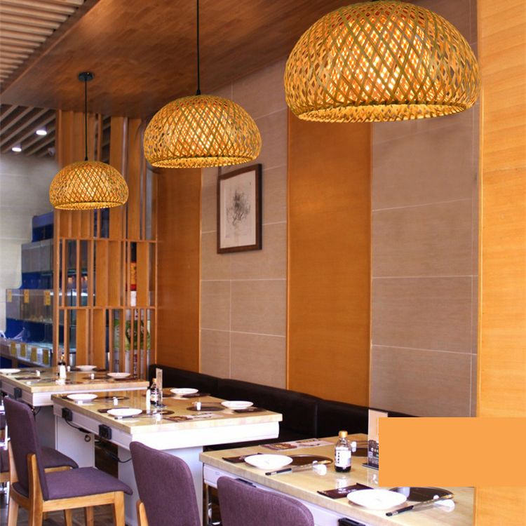 Asian Weaving Style Curved Drum Pendant Lighting Fixtures Rattan 1 Light Suspension Pendant