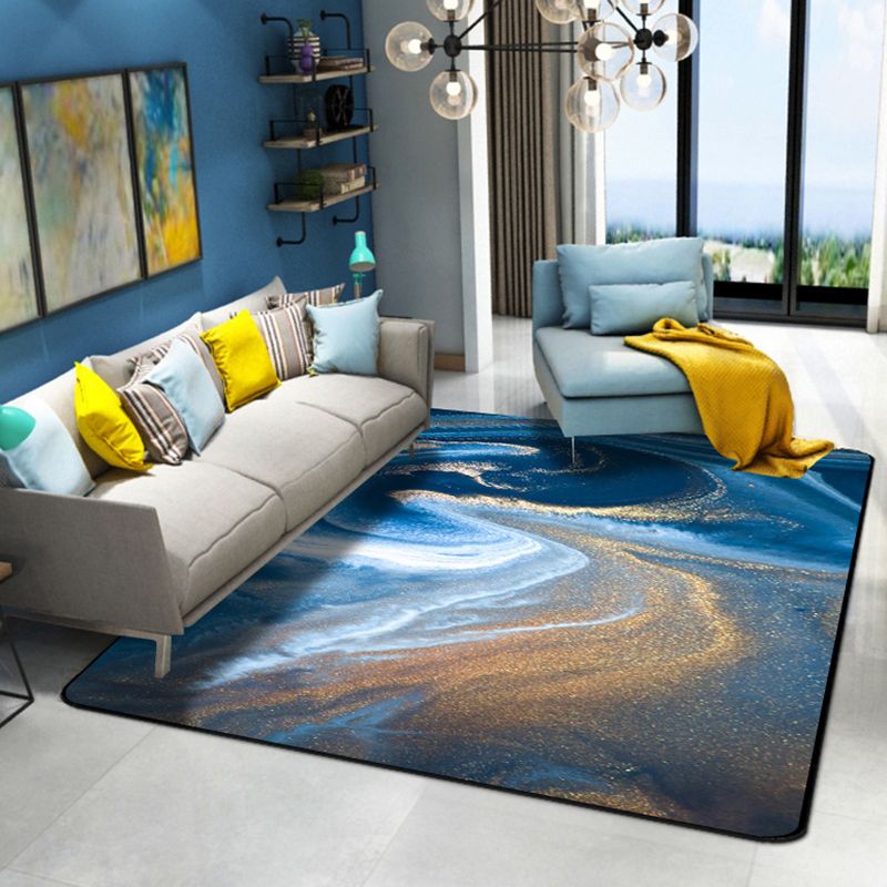 Blue Watercolor Printed Rug Creative Abstract Art Carpet Polyester Washable Rug for Living Room