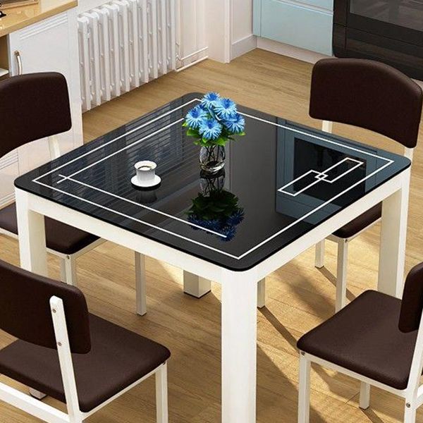 Mesa de comedor cuadrada de estilo industrial, mesa de comedor de vidrio con 4 patas