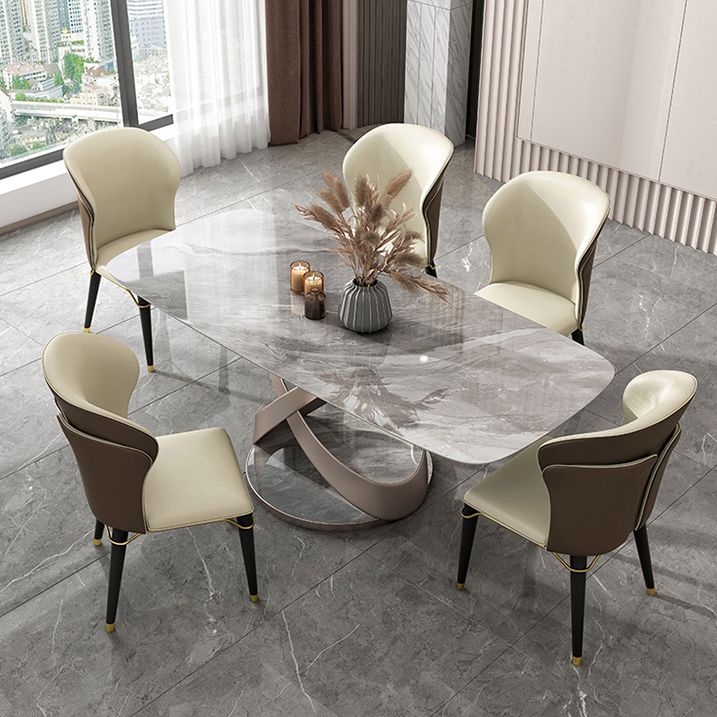 Modern Style Traditional Height Dining Set with Grey Fixed Rectangle Shape Table and Trestle Base
