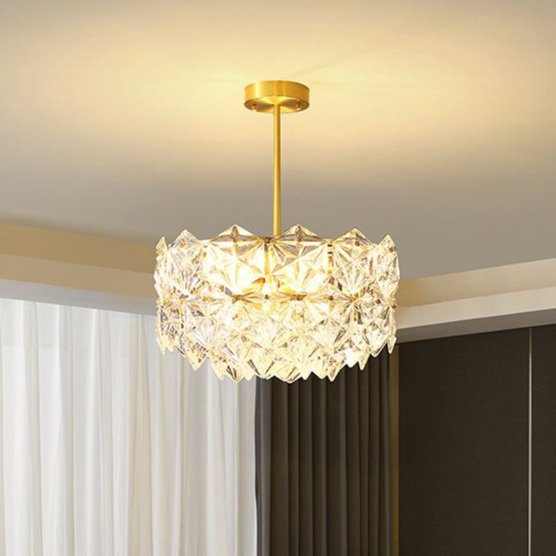 Hexagonal Dining Room Hanging Lamp Carved Crystal Modernist Chandelier Light Fixture in Gold