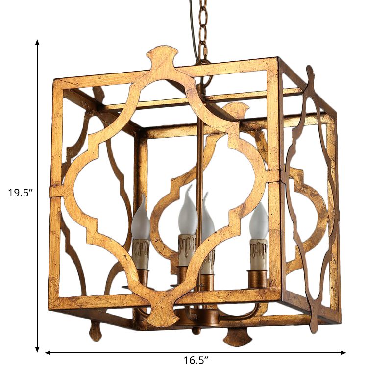 Antiqued Cube Cage Ceiling Chandelier 4 Lights Metal Candelabra Hanging Light Fixture in Brown