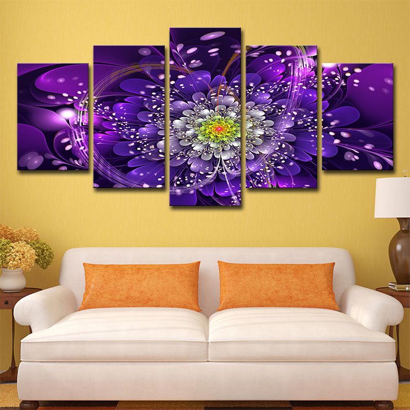 Contemporary Flowers Wall Art Print Purple Multi-Piece Canvas for House Interior