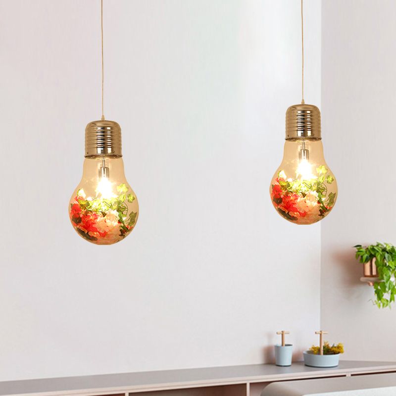 Clear Glass Bulb-Shaped Pendant Farmhouse 1 Light Restaurant Flower Ceiling Suspension Lamp, 6"/8"/11" Wide