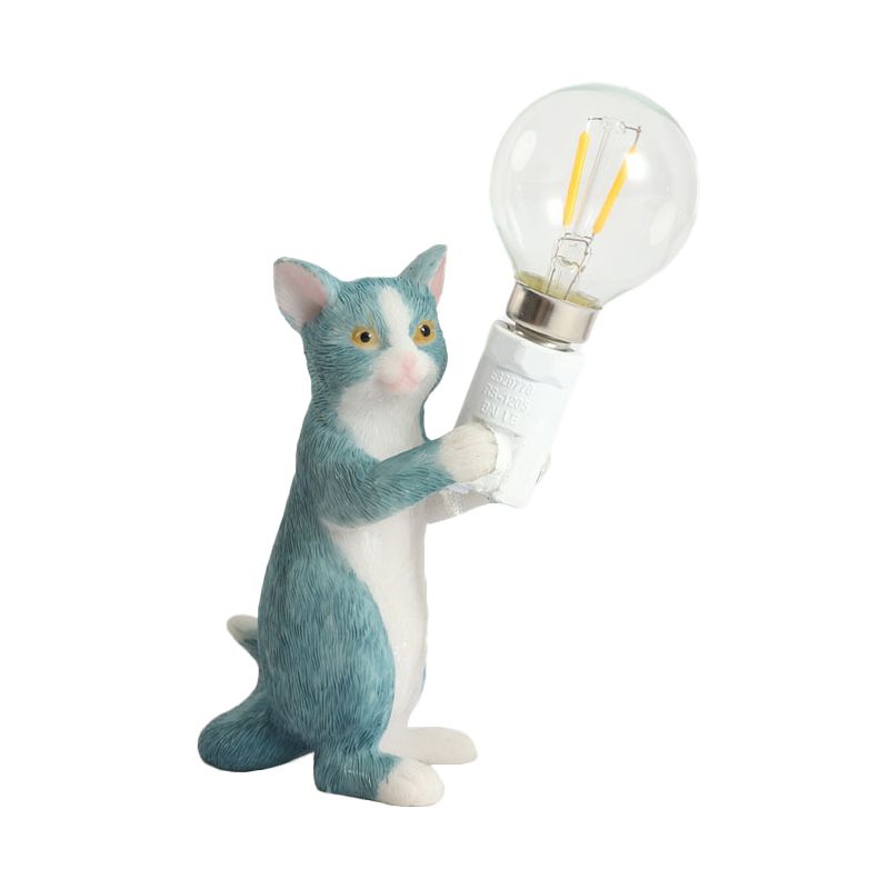 Tabby Cat Holder Table Lamp Kids Iron 1 Bulb Black/Yellow/Blue Nightstand Light with Bare Bulb Design
