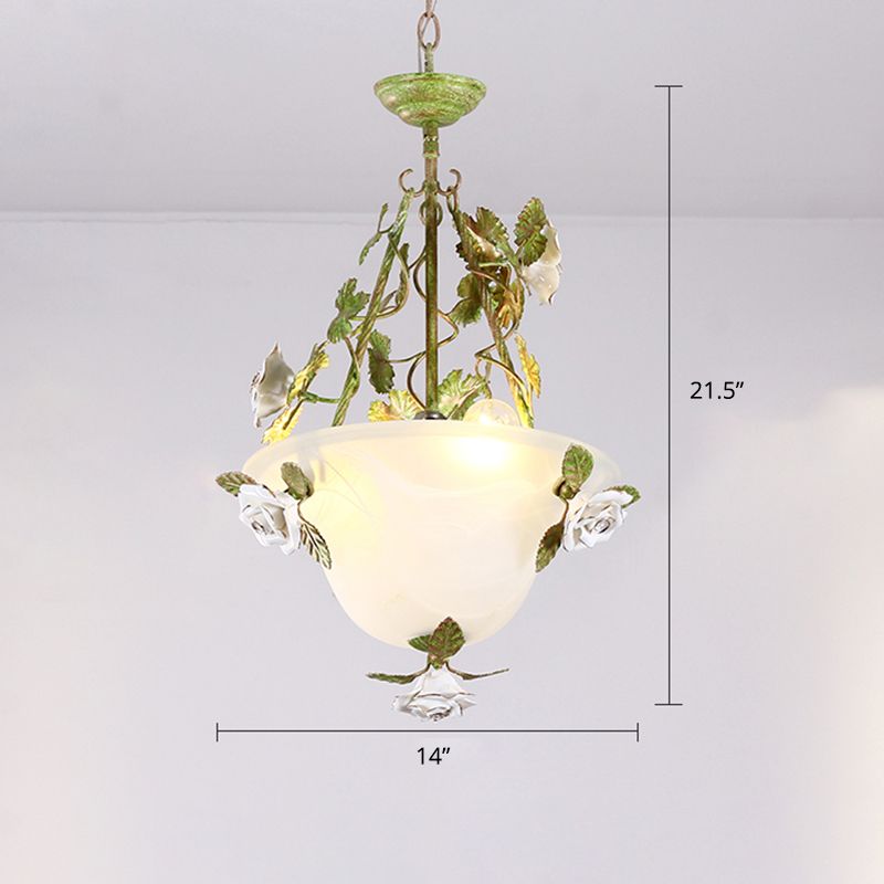 White Glass Bell Shape Pendant Chandelier American Flower Dining Room Hanging Light in Green
