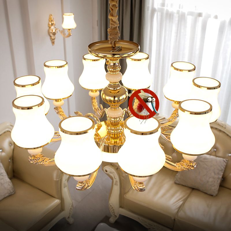 Gold Finish Ceiling Chandelier Transitional White Glass Curve Shade Pendant Lighting