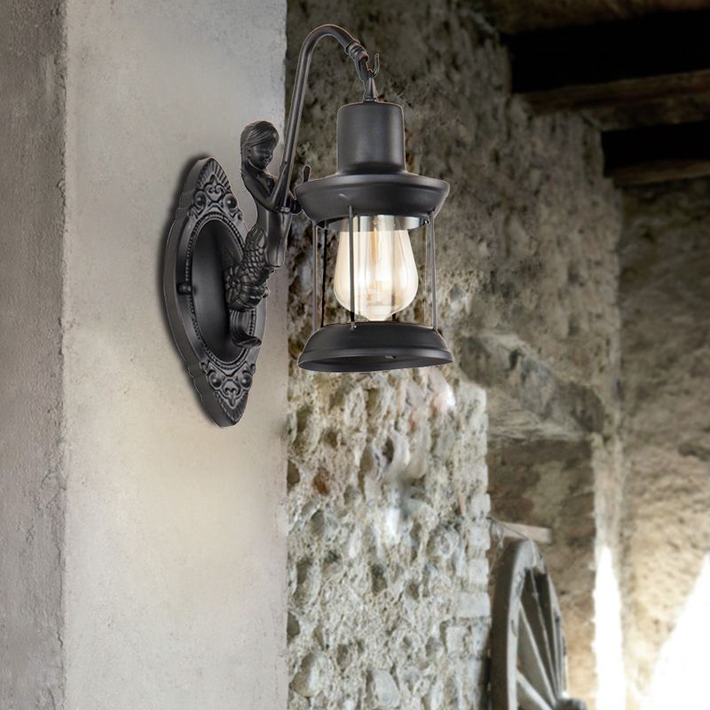 1 application murale en verre clair clair Light Industrial Black Lantern Éclairage d'extérieur avec décoration sirène avec décoration