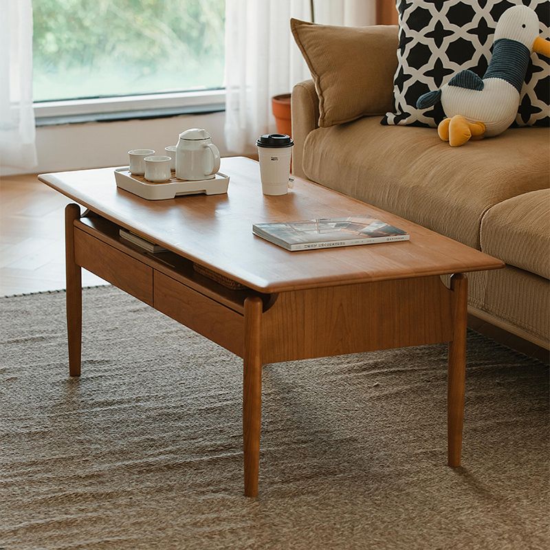 Farmhouse 4 Legs Coffee Table Solid Wood Cocktail Table with 2 Storage Drawers