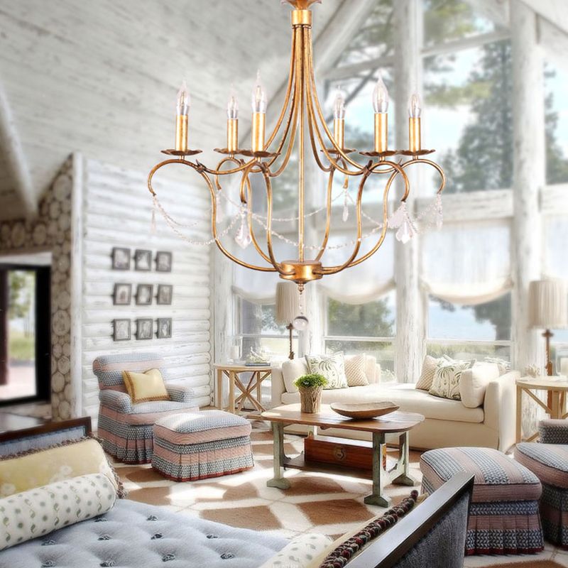 Metal Candle Chandelier Lamp Retro 6 Bulbs Silver/Gold Pendant Lighting Fixture with Crystal Teardrop for Dining Room