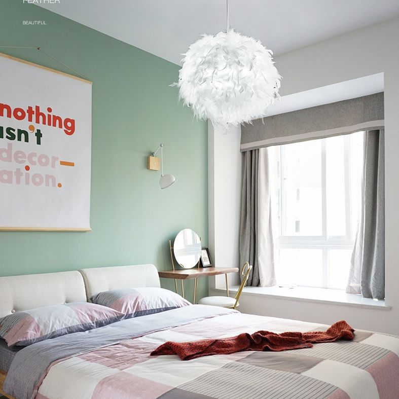 Feather Shaded Suspension Pendant Minimalist 1 Head White Hanging Lamp for Dining Room