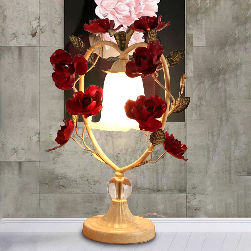Beige/Blue Single Head Night Light Classic White Glass Bloom Reading Book Lamp with Heart Frame and Rose Design