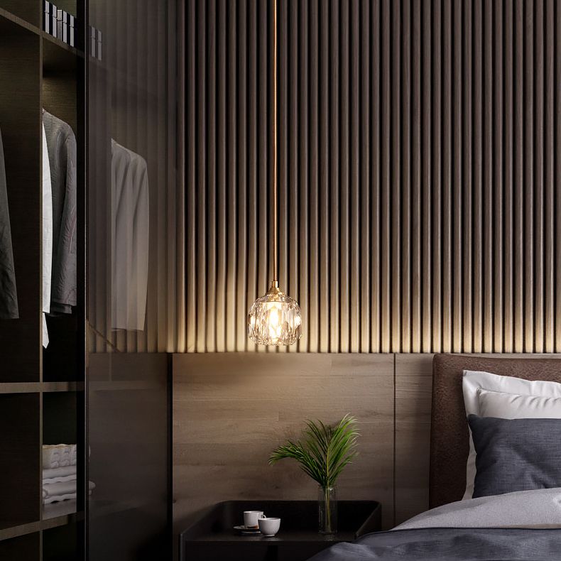 Gold Single Pendant Light in Modern Luxury Style Copper Globe Hanging Lamp with Crystal Shade