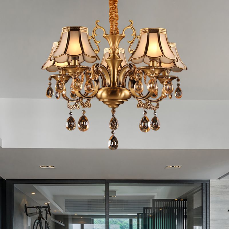 Lampadario a sospensione smerlato coloniale 5/6/8 luci in vetro glassato bianco giù per illuminazione in oro con caduta di cristallo