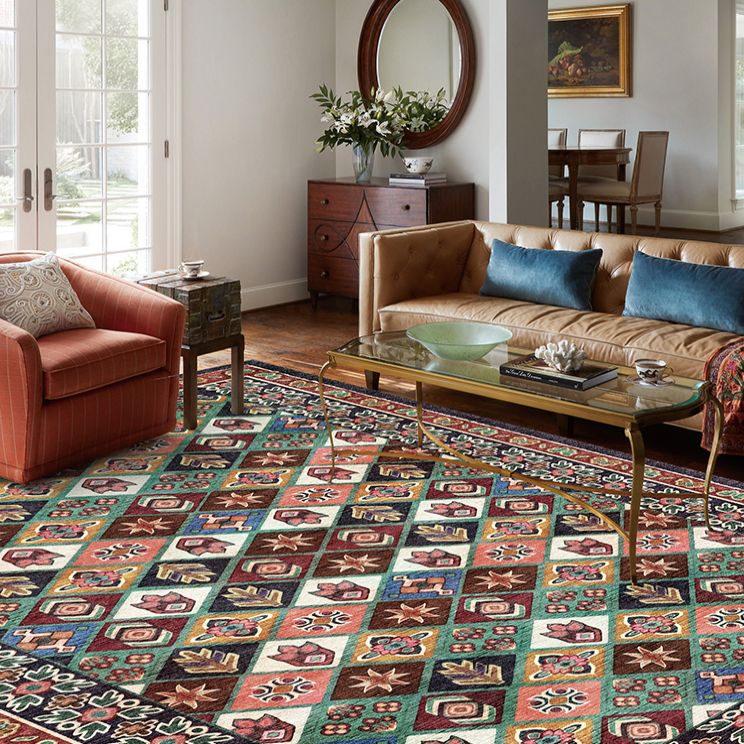Red Tone Persian Carpet Polyester Moroccan Tile Indoor Rug Anti-Slip Backing Rug for Living Room