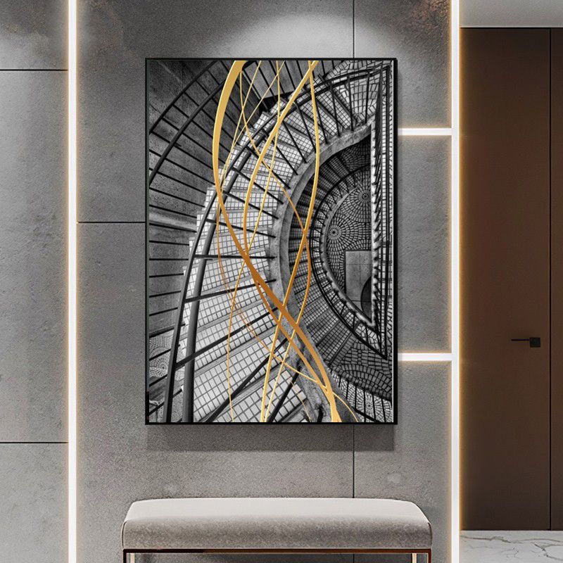 Modern Architecture Wall Art Grey Stairway Print Canvas for Bedroom, Textured