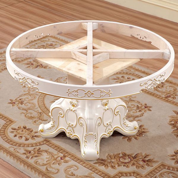 Solid Wood Victorian Round Dining Table Faux Marble Top Table with Wooden Pedestal