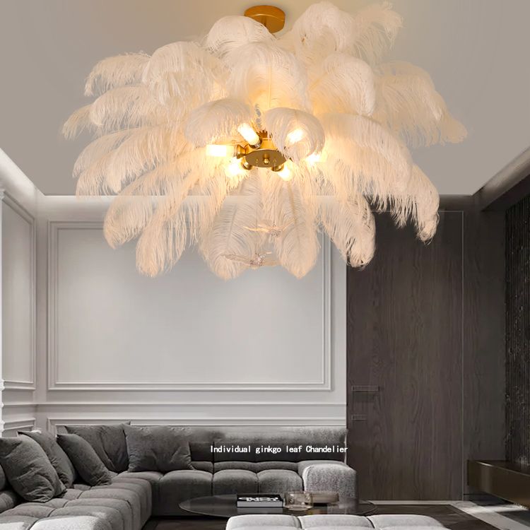 Shaded Ceiling Chandelier Simplistic Feather White Chandelier Light Fixture for Living Room
