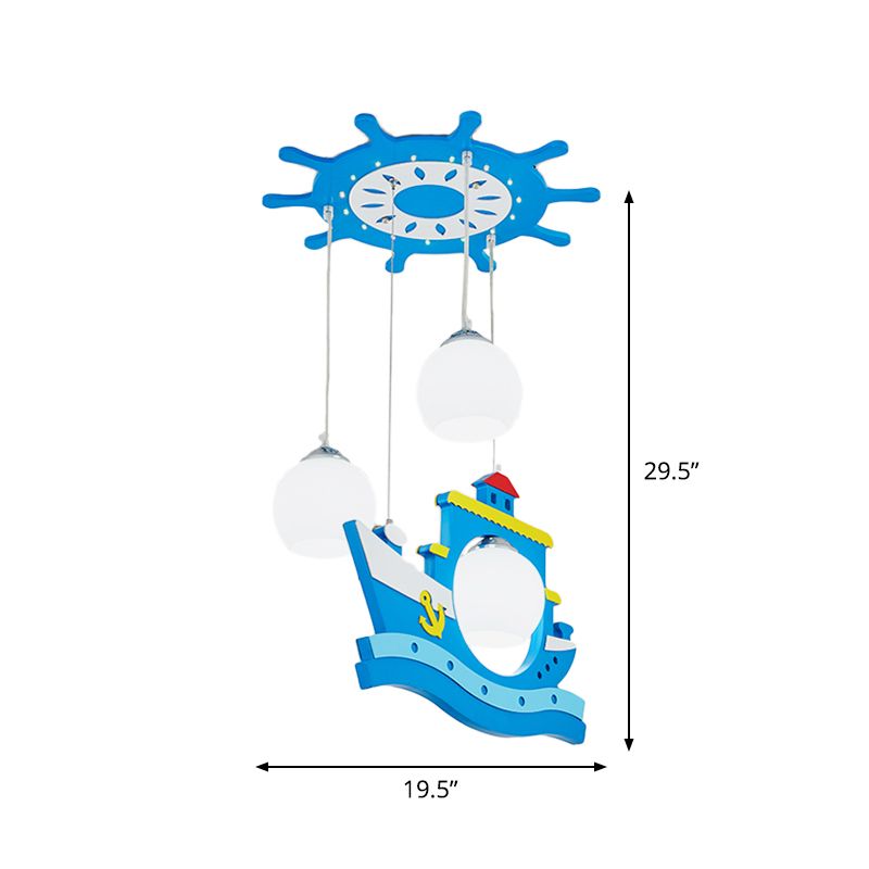 Cauveau en bois en bois suspendu léger style enfant 3 têtes pendentif suspension à suspension ombrée bleu avec décoration de bateau