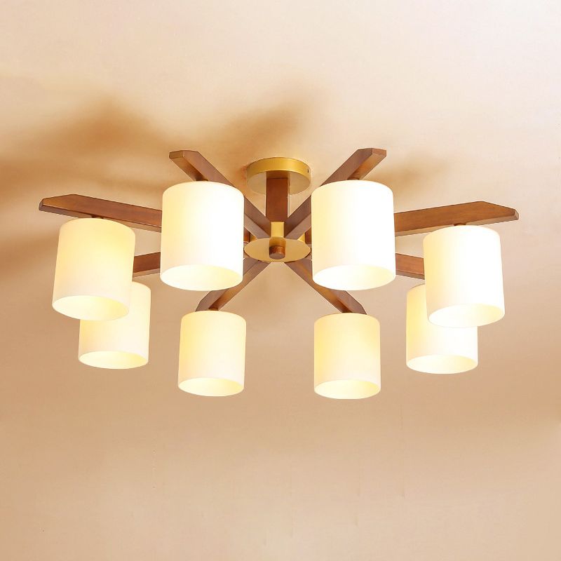Cilinder crème glazen kap semi-gemonteerd verlichting eenvoudig beige lichtarmatuur met houten luifel