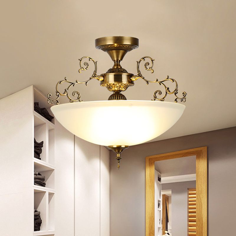 3 Lights Wide Bowl Semi Flush Mount Traditional Gold Frosted Glass Close to Ceiling Lamp with Swirling Arm, 13"/17" Wide