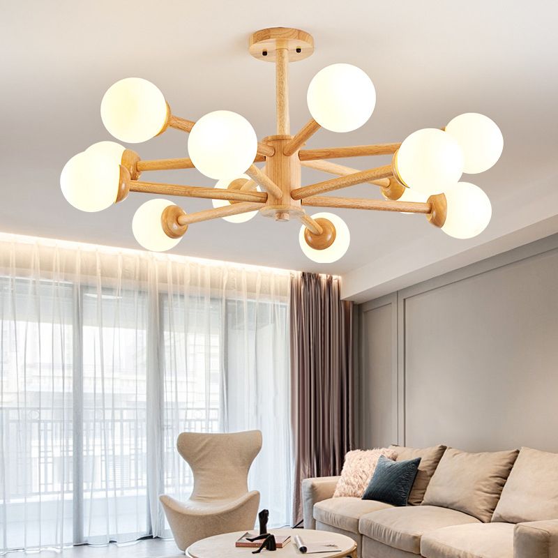 Modern Style Wooden Chandelier Ceiling Hanging Light Fixture with Glass Shade