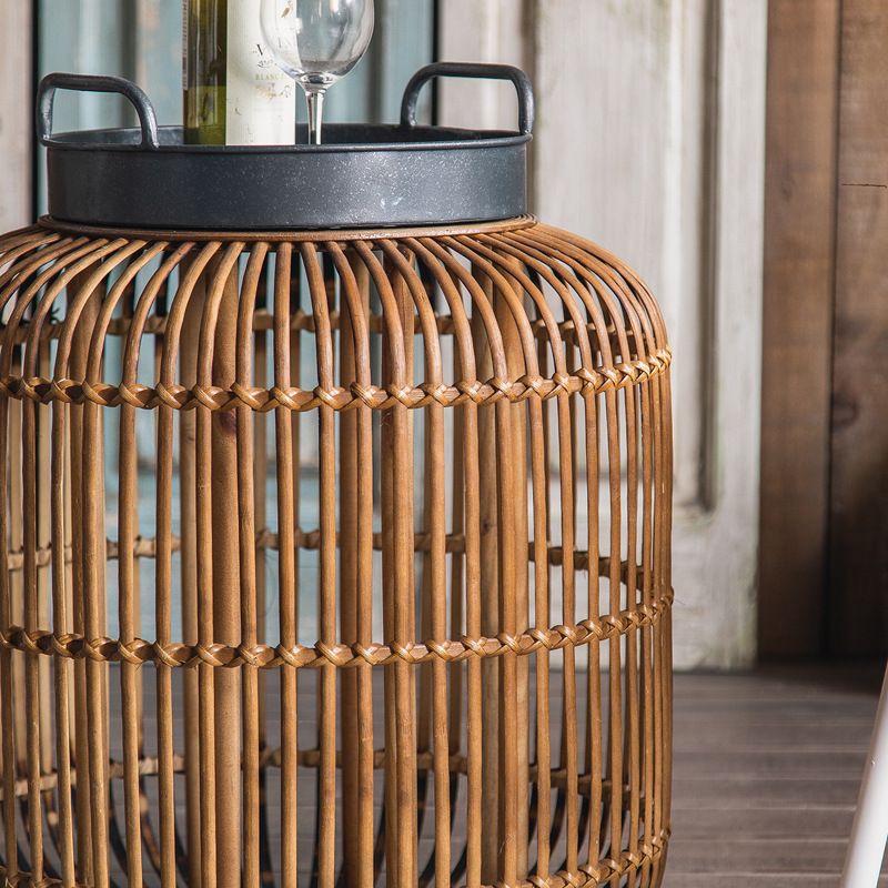 Tray Top Side Accent Table Rustic Metal and Rattan Drum End Table