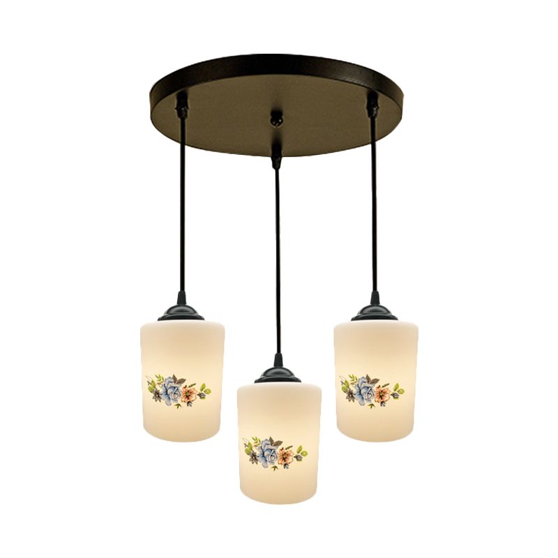 Cylinder Dining Room Multi Ceiling Light Modern White Printed Glass 3-Head Black Hanging Pendant with Linear/Round Canopy