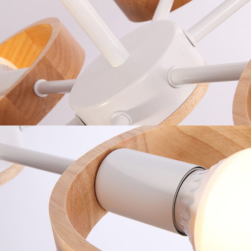 Radial Holz Kronleuchter Beleuchtung Einfacher Stil 6 Lichter weiße Decke Anhänger Licht