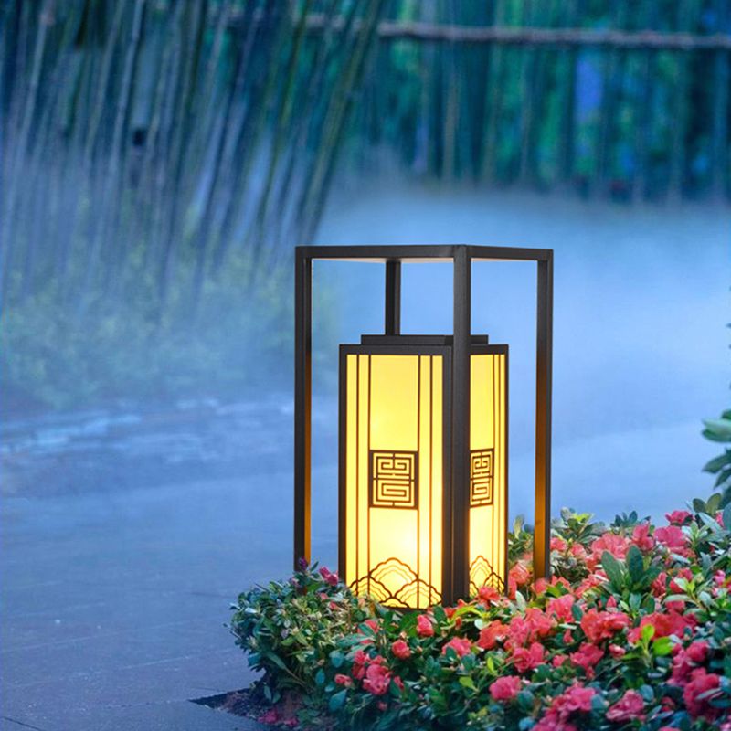 Contemporary Metal Pillar Lamp Rectangle Shape Outdoor Waterproof Light with Stone Shade