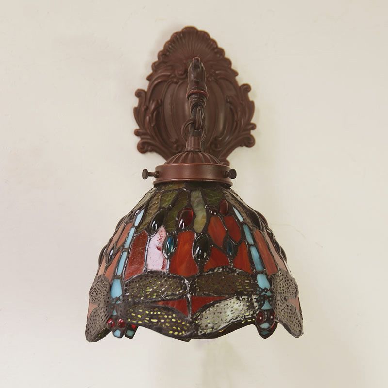 Victorian Dome Sconce Light Fixture 1 Bulb Red Cut Glass Wall Mount Lamp with Dragonfly Pattern