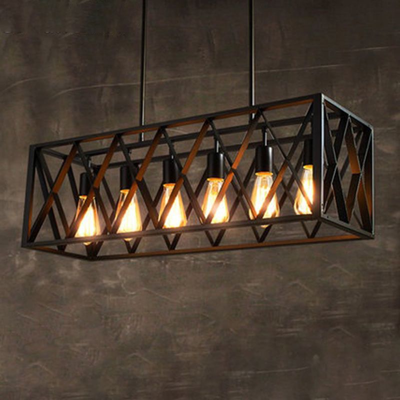 Black Cuboid Island Light Fixture Warehouse Metal Dining Room Suspension Pendant Light