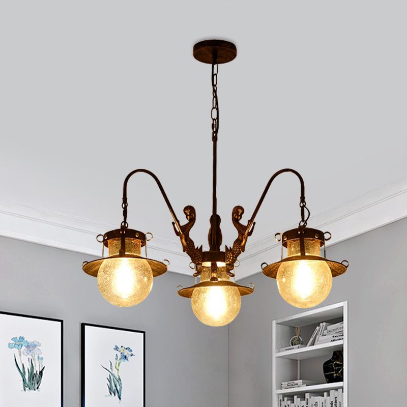 7/8 Bulbs Clear Glass Chandelier Light Country Rust Spherical Restaurant Pendant Lamp with Metal Mermaid Arm