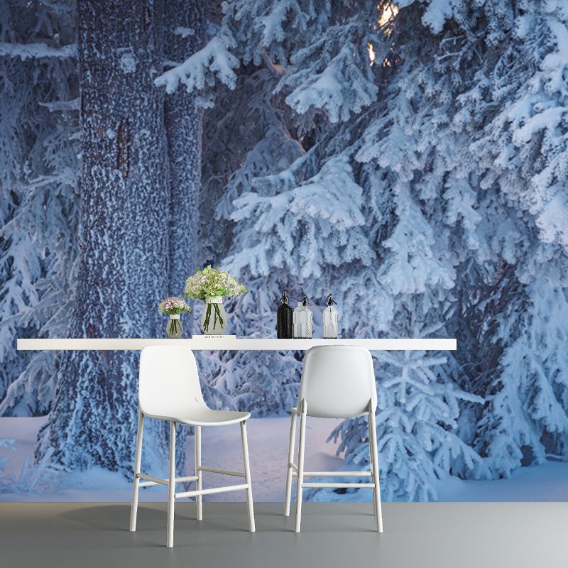 White Modern Mural Wallpaper Big Bottom Part of Snowy Cypress Wall Decor for Home
