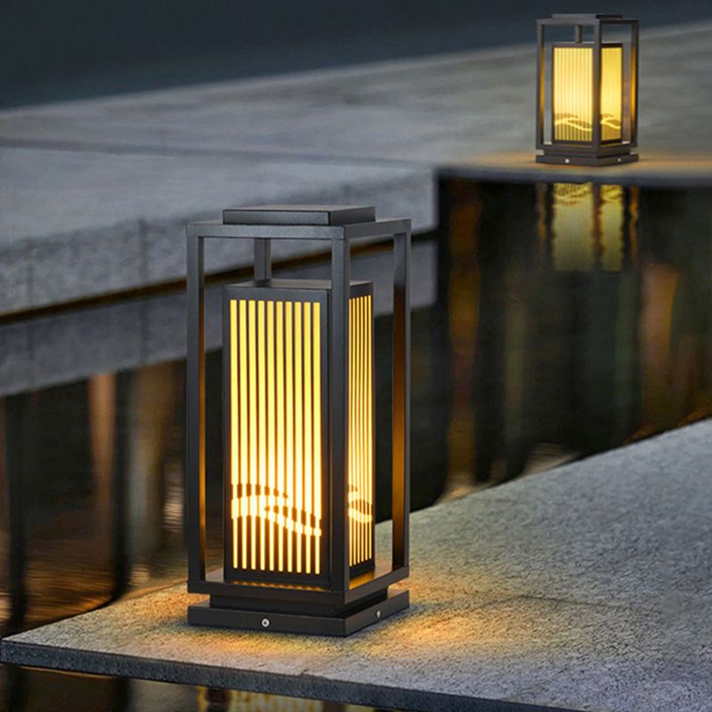 Rectangular Solar Pillar Lamp Modern Black Waterproof Light for Courtyard