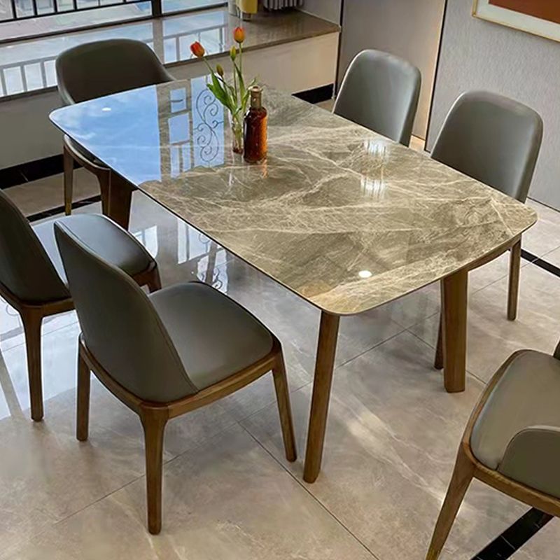 Gray Mid-Century Dining Table Stone Top Table with Wooden Base