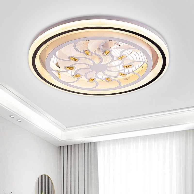 21.5' W LED Crystal Blocks Hanging Fan Lamp Contemporary White Round Dinning Room Semi Flush Light with 7 Blades
