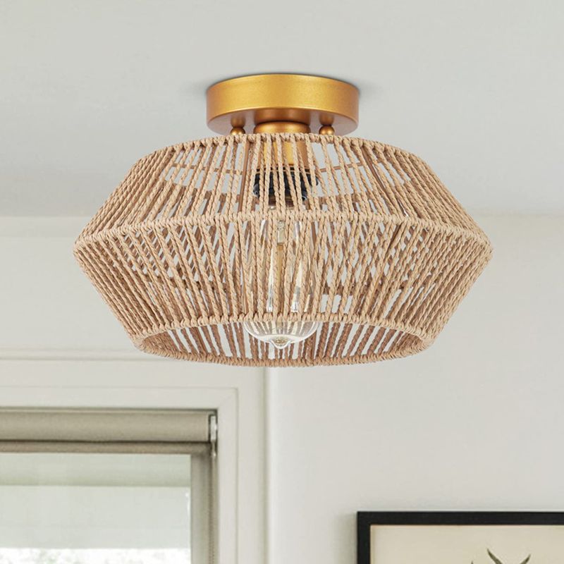 Single Light Ceiling Flush Metal and Rattan Flush Mount in Gold