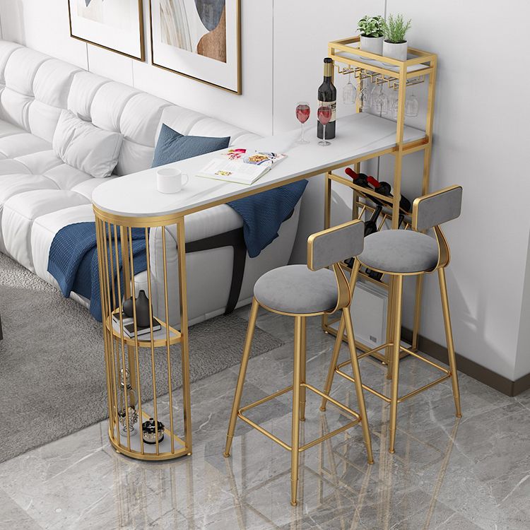 White Stone Glam Indoor Bar Dining Table Iron Double Pedestal Bistro Table with Shelve
