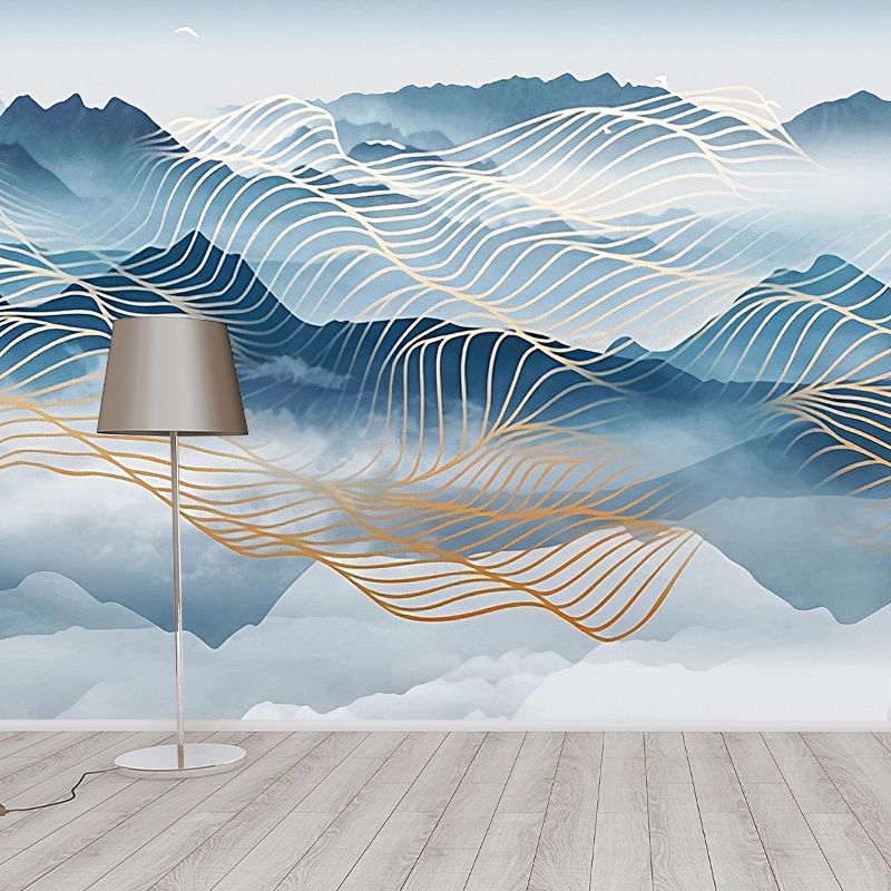 Natural Turquoise Murals with Mountain and Trellis Pattern for Accent Wall, Non-Woven Material
