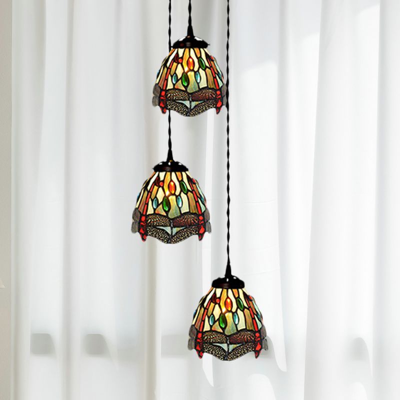 3-Head Ceiling Lamp Tiffany Domed Stained Glass Cluster Pendant Light in White/Red/Yellow with Dragonfly/Grape/Rose Pattern