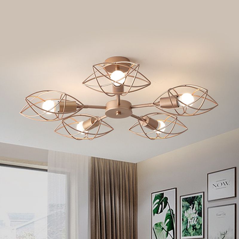 Gold 5-Light Semi Flush Mount Colonial Iron Star Cage Close to Ceiling Lighting Fixture for Bedroom