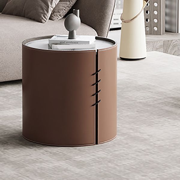 Contemporary Round Coffee Table Leather and Stone Coffee or End Table Drum