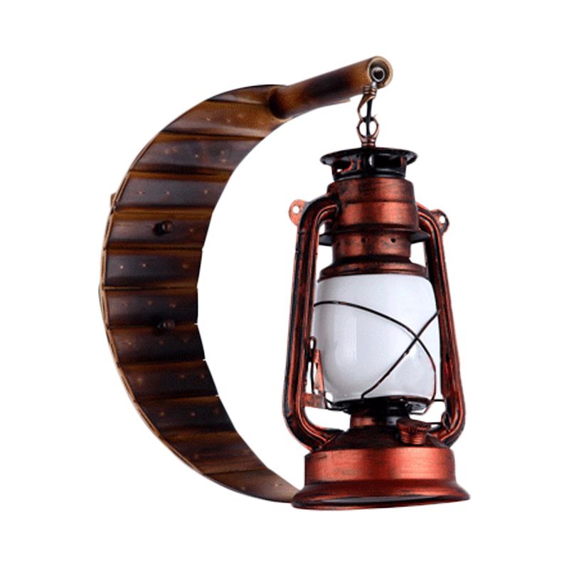 White Glass Copper Sconce Lamp Lantern 1 Light Coastal Style Wall Mounted Light with Bamboo Crescent Deco