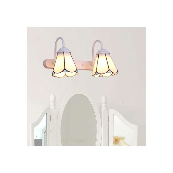 2 Heads Vanity Lighting Fixture Tiffany Cone White/Blue Glass Wall Mounted Light for Bedroom