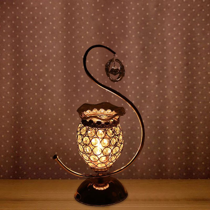 1 Bulb Bedroom Table Lamp Contemporary Gold Desk Light with Floral Crystal Embedded Shade in Warm/Blue/Purple Light