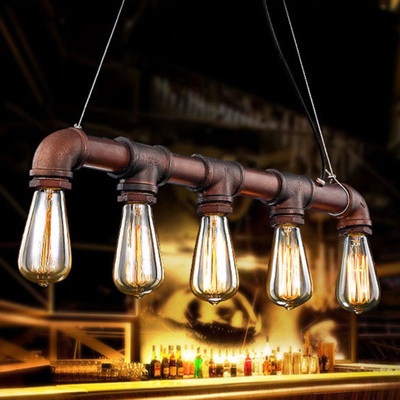 Vintage Industrial Bare Bulb Hanging Lamp Rust Iron Water Pipe 5 Light Island Pendant Light